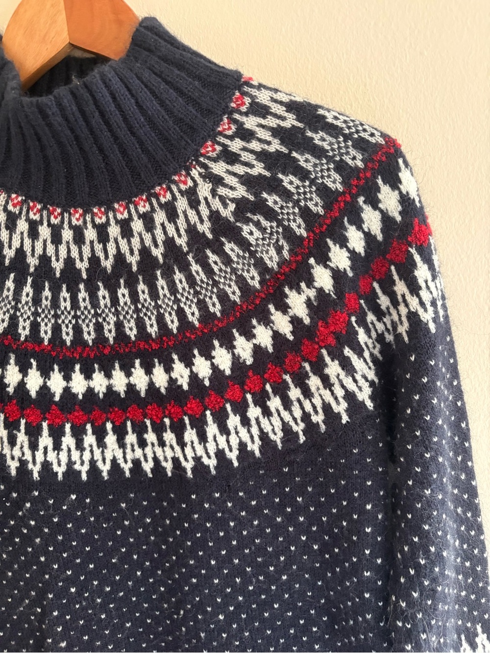 Vintage Eddie Bauer Navy Fair Isle Turtleneck Sweater with Red & White Accents